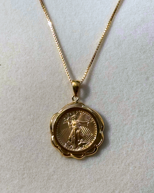 American Eagle Gold Coin Pendant 1/10 oz, 22 KT Encased in 18KT Gold Curly Frame